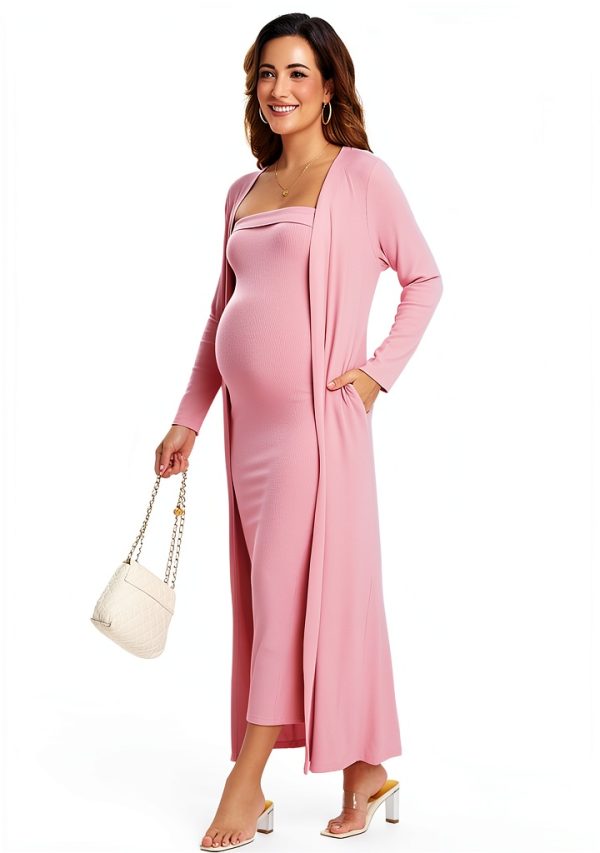 Ecavus Maternity Tube Dress 2‑Piece Cardigan Set for Baby Shower-3