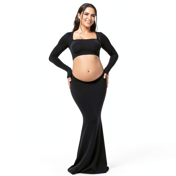 Bhome Maternity Photoshoot Dress Sleeve Cutout Backless Maxi Gown-3