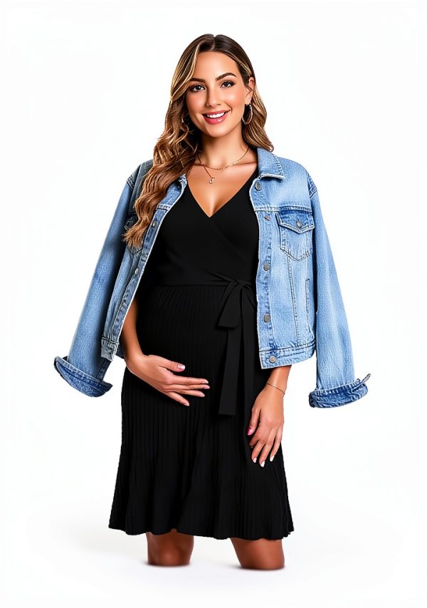 V FOR CITY Maternity Dress Pleated Waistband V Neck Sleeve Knit S-XL-1