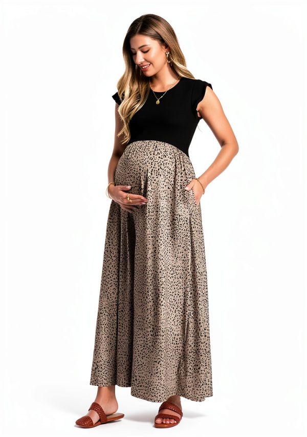 OUGES Women 2026 Spring Maternity Maxi Dress Sleeveless Ribbed Pockets-3
