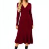 Women's Fall Maternity Dress OUGES Wrap V Neck Pleated Midi 2025-1