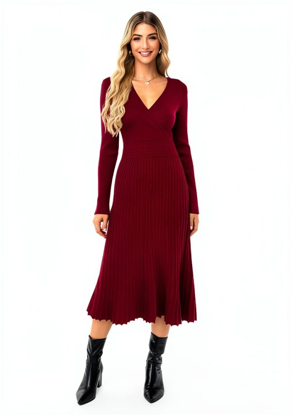 Women's Fall Maternity Dress OUGES Wrap V Neck Pleated Midi 2025-1
