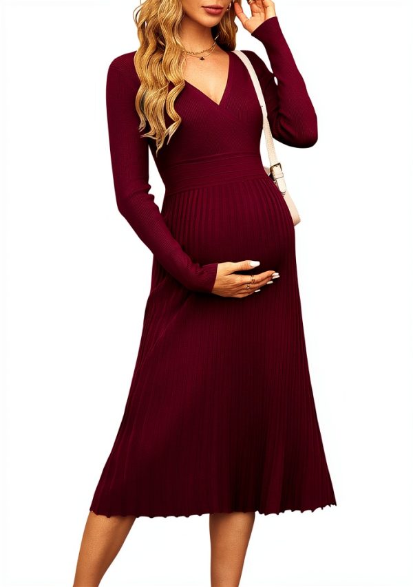 Women's Fall Maternity Dress OUGES Wrap V Neck Pleated Midi 2025-0