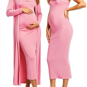 Ecavus Maternity Tube Dress 2‑Piece Cardigan Set for Baby Shower-0