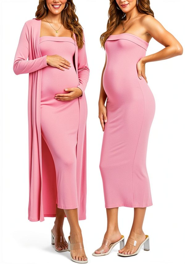 Ecavus Maternity Tube Dress 2‑Piece Cardigan Set for Baby Shower-0