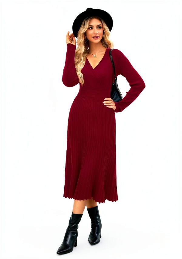 Women's Fall Maternity Dress OUGES Wrap V Neck Pleated Midi 2025-2