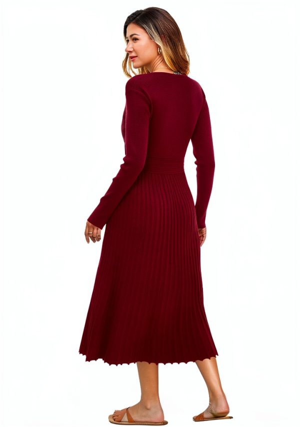 Women's Fall Maternity Dress OUGES Wrap V Neck Pleated Midi 2025-3