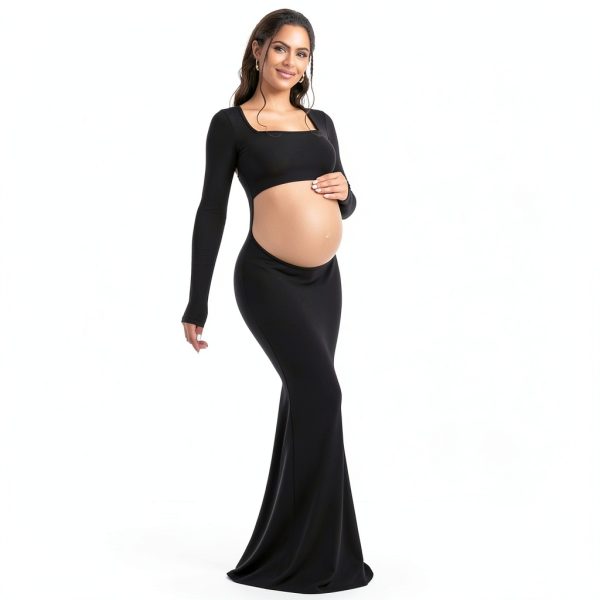 Bhome Maternity Photoshoot Dress Sleeve Cutout Backless Maxi Gown-4