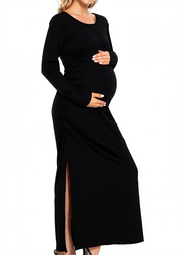 Smallshow Women's Split Maternity Dress Long Sleeve Ruched Pregnancy Clothes-3